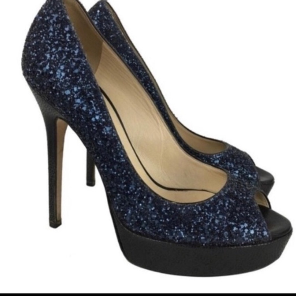 Jimmy Choo Dark Blue Glitter Peep-Toe Platform Pumps